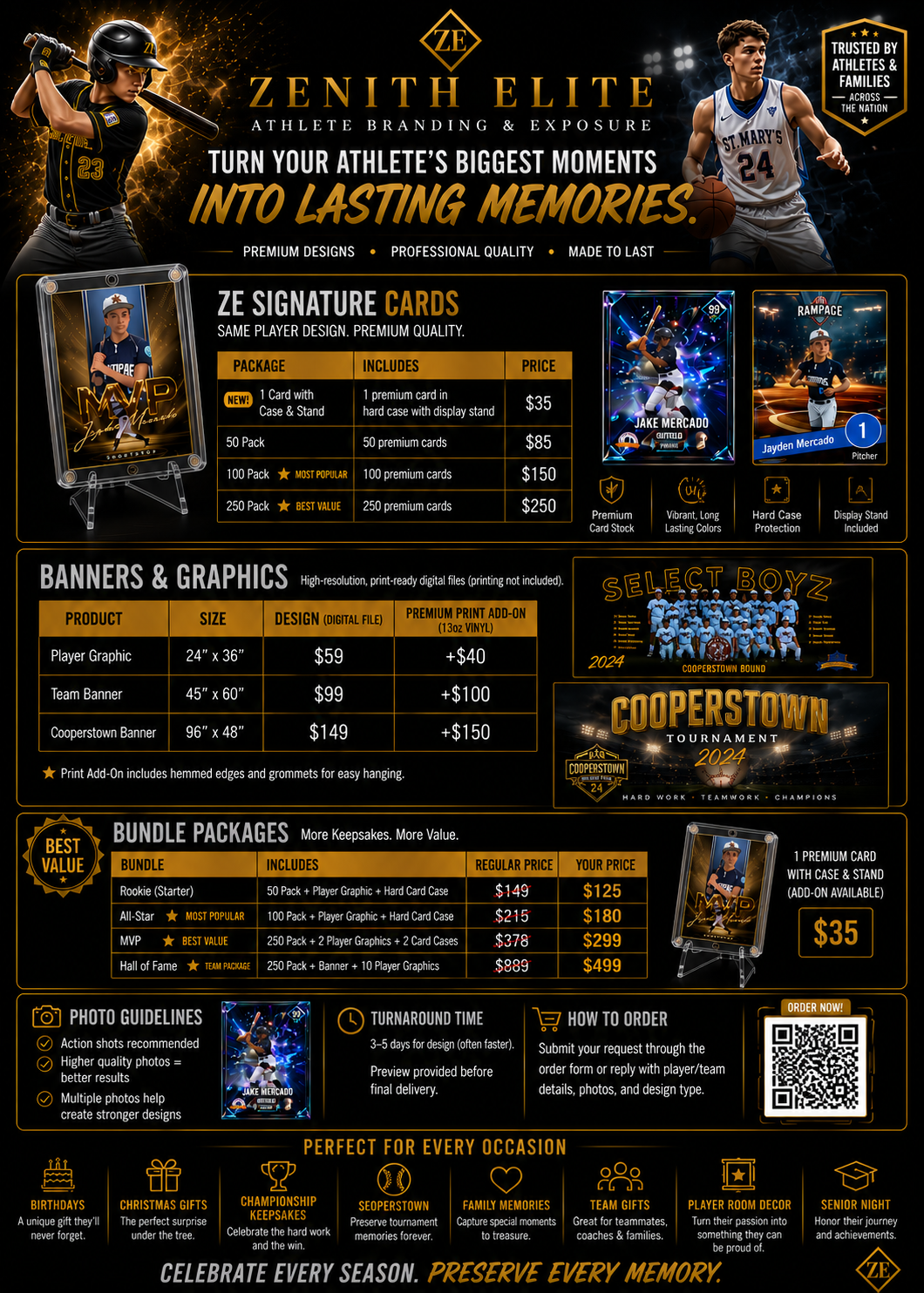 Zenith Elite Designs pricing guide — Signature Cards, Banners & Graphics, and Bundle Packages pricing and details